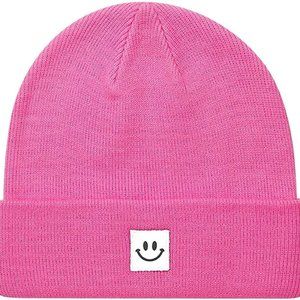 NIB MaxNova Knit Beanie Hat with Smile Face for Men/Women ONE SIZE Pink